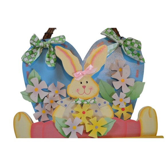 Vintage Wooden Welcome Spring Bunny Door Hanger Floral Accents Checkered Ribbon - Picture 4 of 5